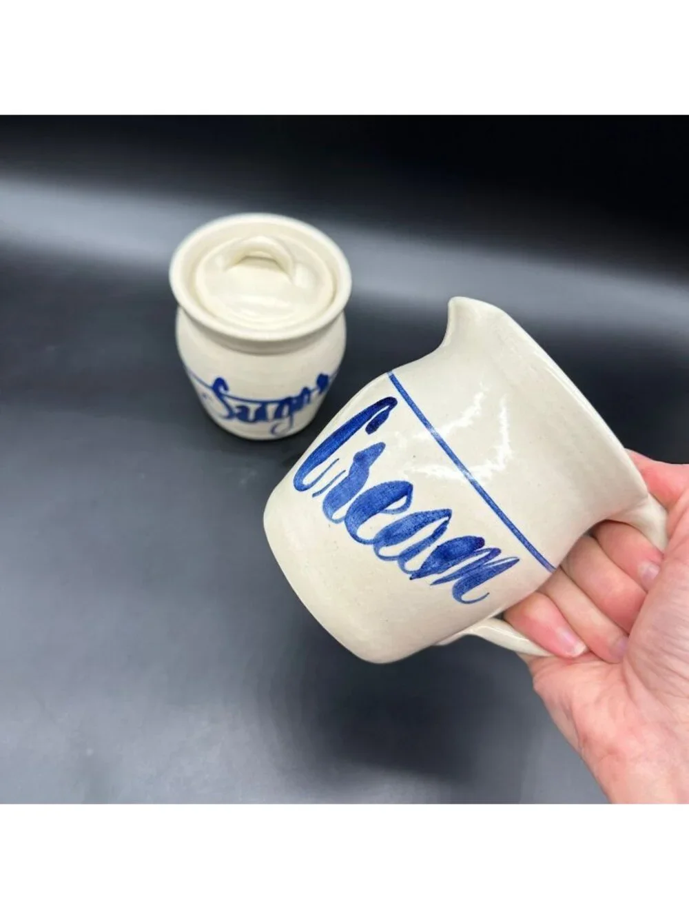 Vintage Pottery Creamer Pitcher Sugar Bowl White Blue Stoneware Set 1990s